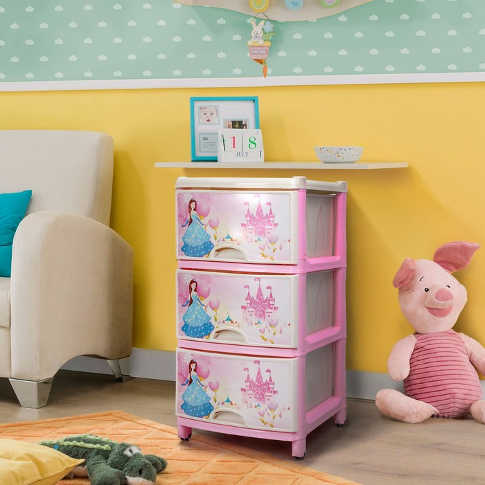 Комод для игрушек "Принцесса" на колёсиках, 3 выдвижных ящика, цвет розовый