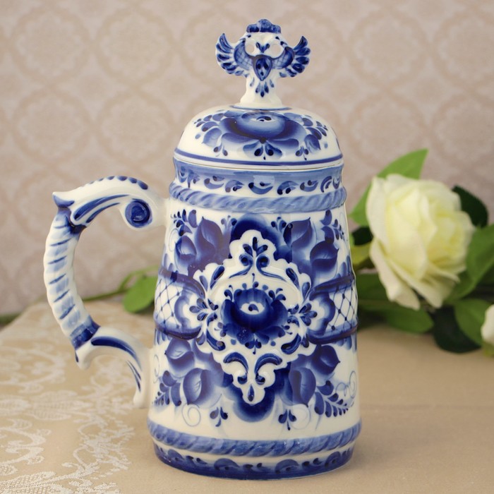 Кружка пивная с крышкой «Орёл», гжель, кобальт, 1.2 л