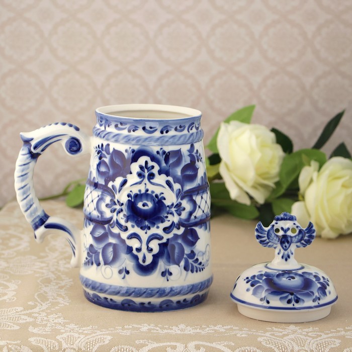 Кружка пивная с крышкой «Орёл», гжель, кобальт, 1.2 л