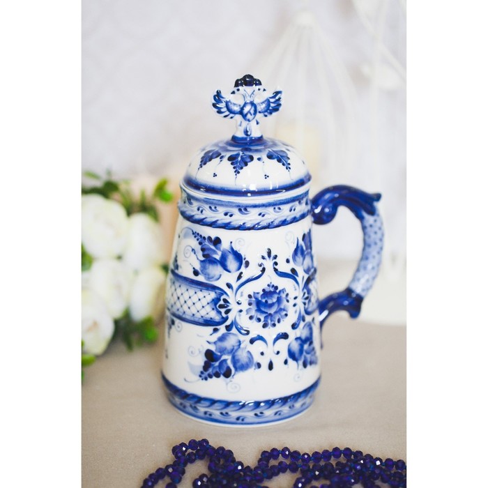 Кружка пивная с крышкой «Орёл», гжель, кобальт, 1.2 л