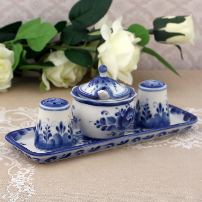 Набор для специй «Букет», гжель, 4 предмета: солонка, перечница, горчичница с ложкой, подставка