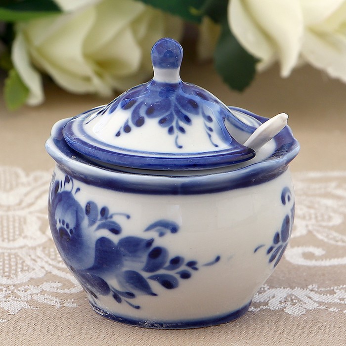 Набор для специй «Букет», гжель, 4 предмета: солонка, перечница, горчичница с ложкой, подставка