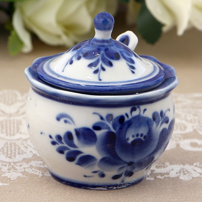 Набор для специй «Букет», гжель, 4 предмета: солонка, перечница, горчичница с ложкой, подставка