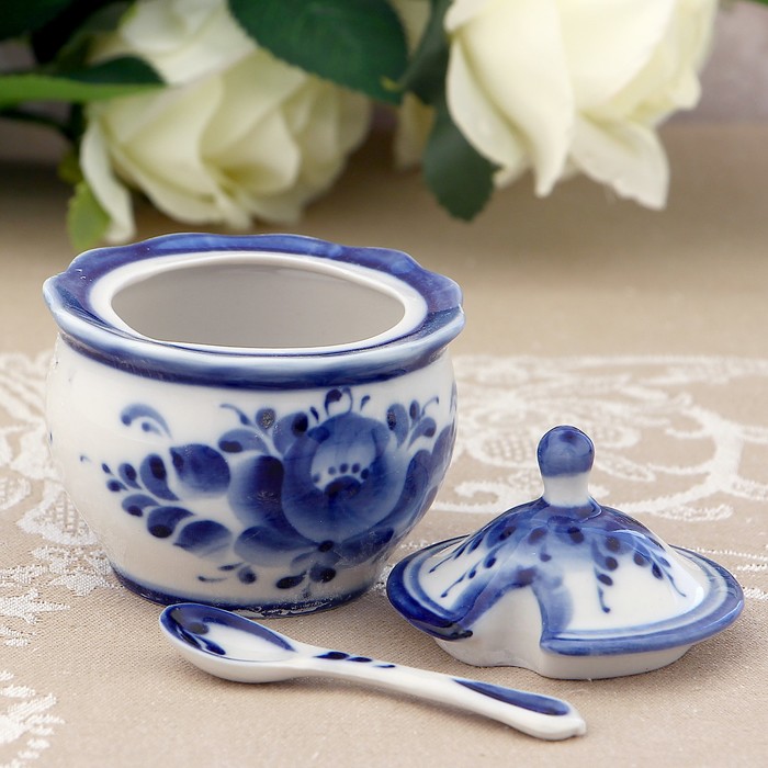 Набор для специй «Букет», гжель, 4 предмета: солонка, перечница, горчичница с ложкой, подставка