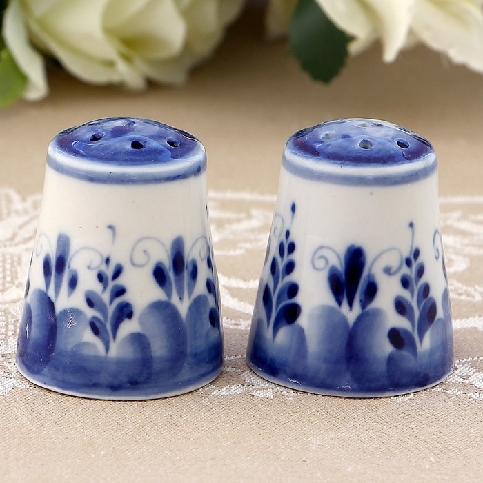 Набор для специй «Букет», гжель, 4 предмета: солонка, перечница, горчичница с ложкой, подставка