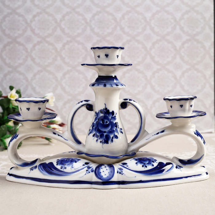 Подсвечник для трёх свечей «Три сестрицы», гжель, кобальт