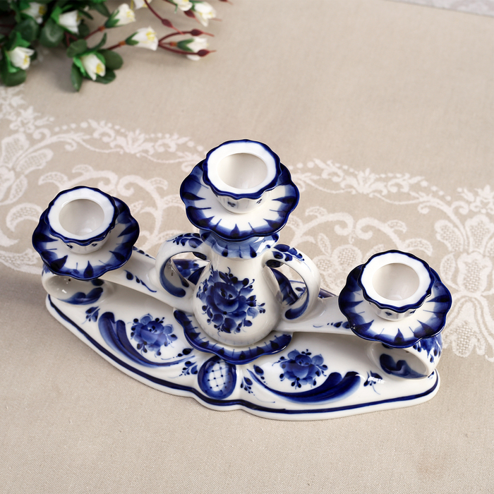 Подсвечник для трёх свечей «Три сестрицы», гжель, кобальт