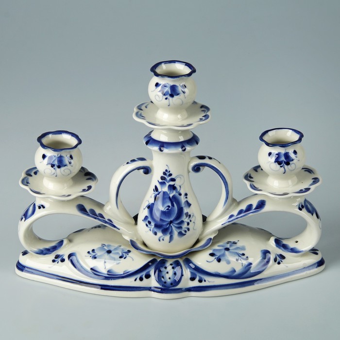 Подсвечник для трёх свечей «Три сестрицы», гжель, кобальт