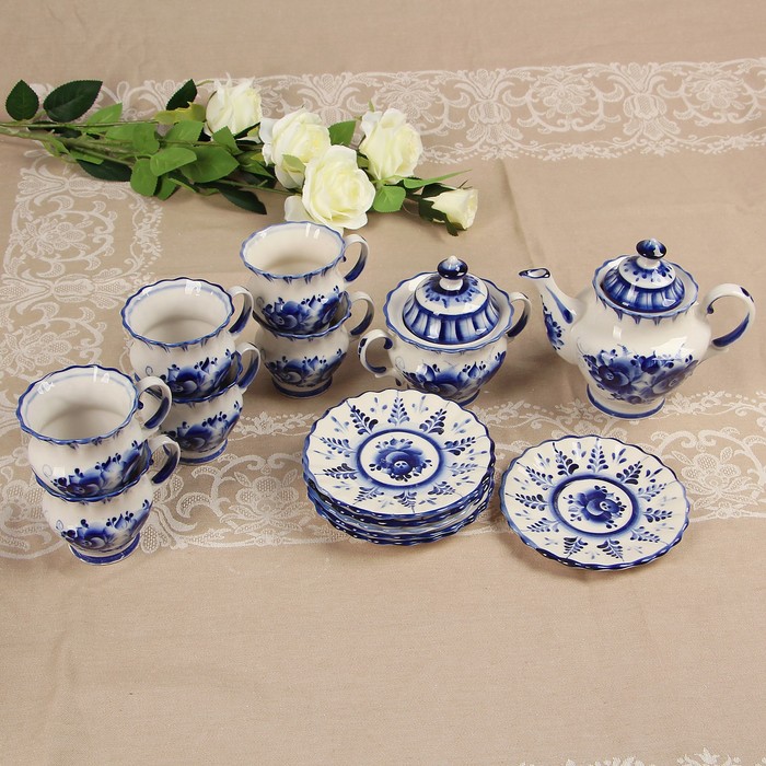 Сервиз «Лето», гжель, 14 предметов: кружка чайная — 6 шт, блюдце — 6 шт, заварник, сахарница