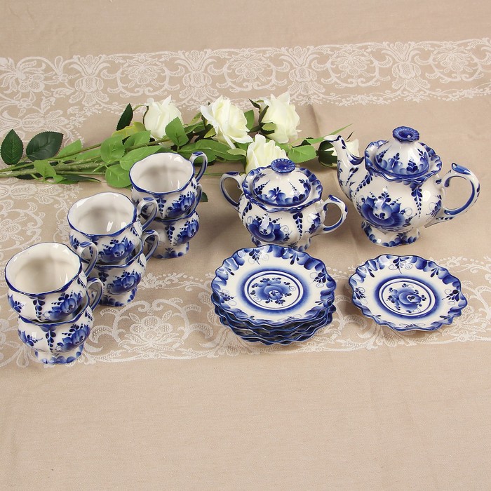 Сервиз «Цветок», гжель, 14 предметов: кружка чайная — 6 шт, блюдце — 6 шт, заварник, сахарница