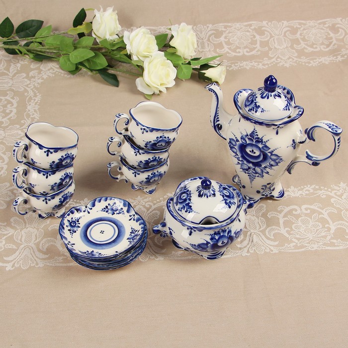 Сервиз «Апрель», гжель, 14 предметов: кружка чайная — 6 шт, блюдце — 6 шт, заварник, сахарница