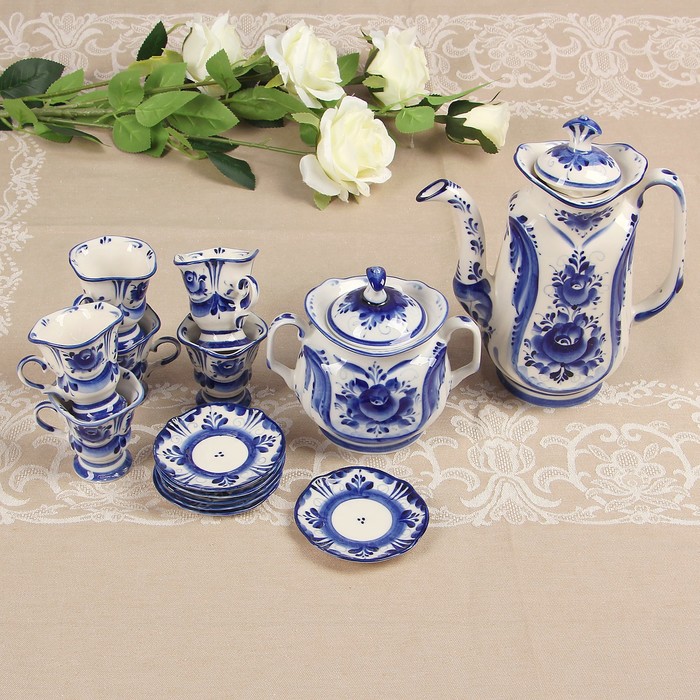 Сервиз «Силуэт», гжель, 14 предметов: кружка кофейная — 6 шт, блюдце — 6 шт, кофейник, сахарница