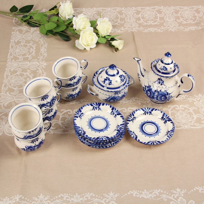 Сервиз «Бутон», гжель, 14 предметов: кружка чайная — 6 шт, блюдце — 6 шт, заварник, сахарница