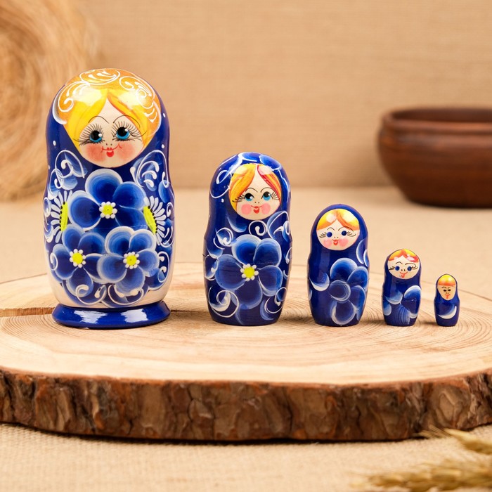 Матрёшка 5-ти кукольная Нина синяя , 13см, ручная роспись. матрёшка живите богато 5 кукольная ручная работа