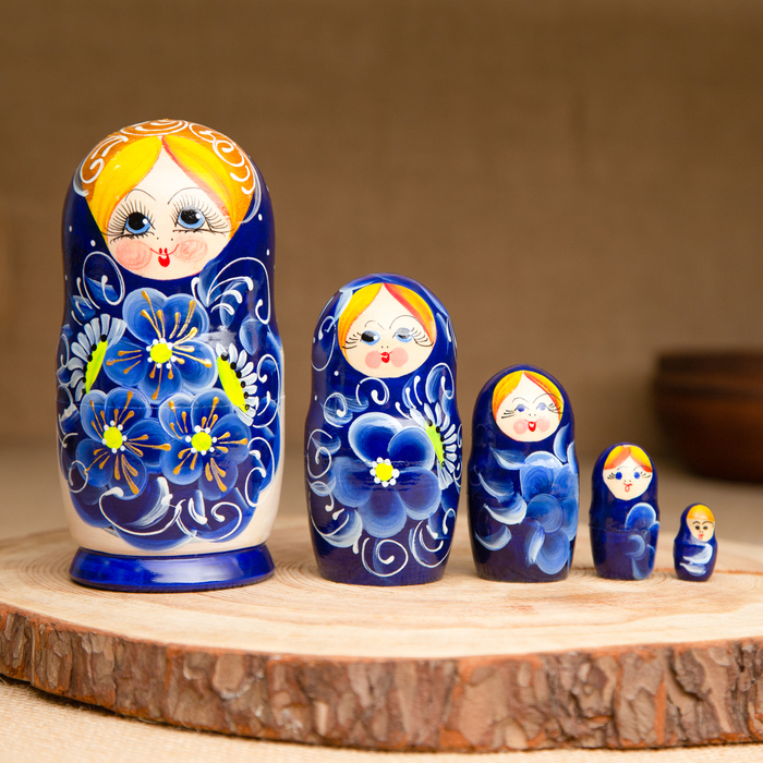 Матрёшка 5-ти кукольная Нина синяя , 14-15см, ручная роспись.