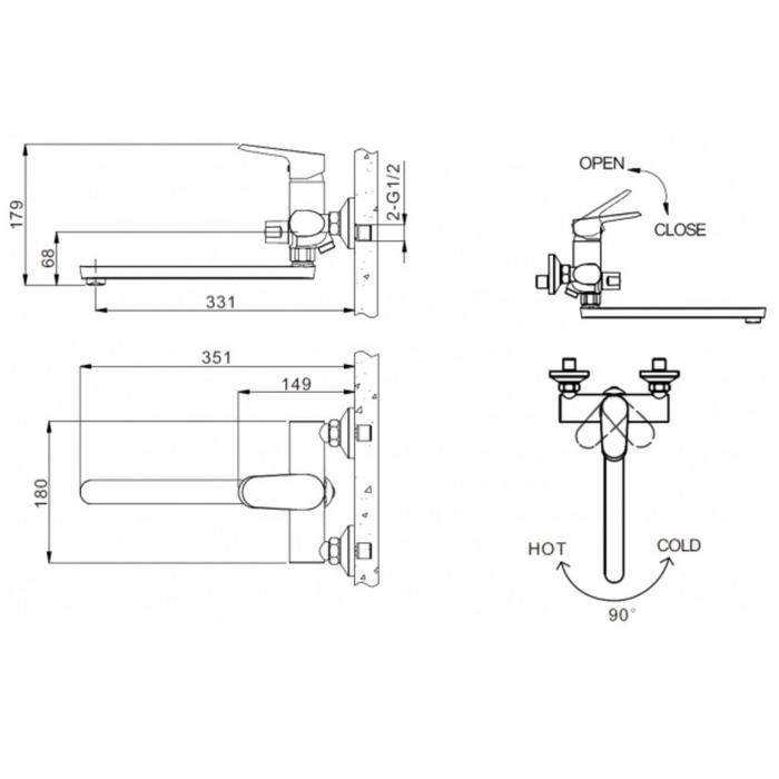 

Смеситель для ванны BRAVAT Pure F6105161C-01A, однорычажный, с длинным изливом , хром