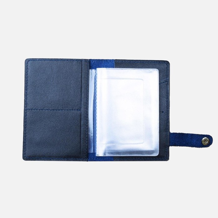 

Обложка на автодокументы на кнопке комбинированная белая вставка "Синий лес", синяя