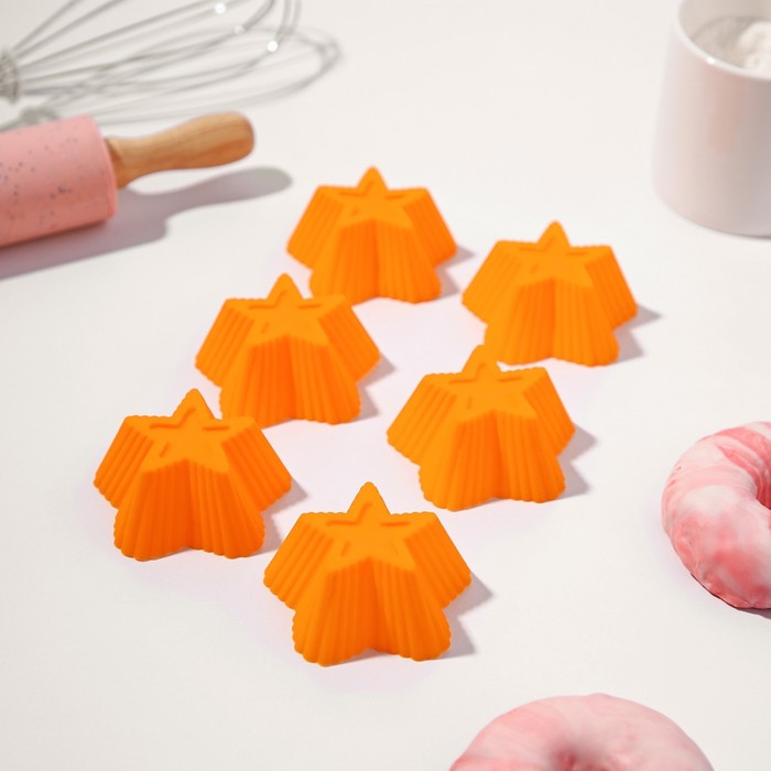Набор силиконовых форм для выпечки Доляна «Риб.Звезда», 7×7×3,5 см, 6 шт, цвет оранжевый набор форм для выпечки силиконовых доляна ромашки 6 шт 7×2 5 см цвет микс