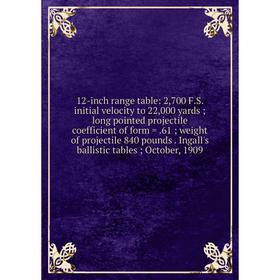 

Книга 12-inch range table: 2,700 F.S. initial velocity to 22,000 yards; long pointed projectile coefficient of form =.61; weight of projectile 840 pou