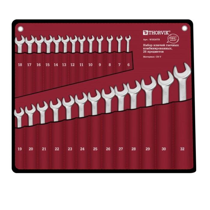 Набор ключей W3S26TB Thorvik 52610, комбинированных, серии ARC, в сумке, 6-32 мм, 26 шт набор ключей thorvik гаечных комбинир серии arc 6 32 мм 20 предметов thorvik арт w3s20tb