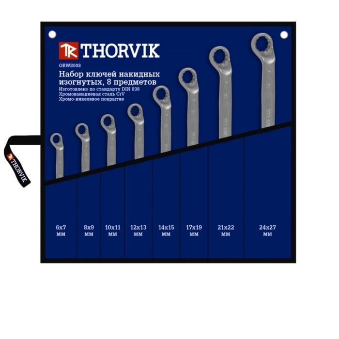 Набор ключей ORWS008 Thorvik 52019, накидных, 75°, в сумке, 6-27 мм, 8 предметов набор ключей thorvik 52623 гаечных накидных изогнутых в сумке 6 22 мм 8 предметов