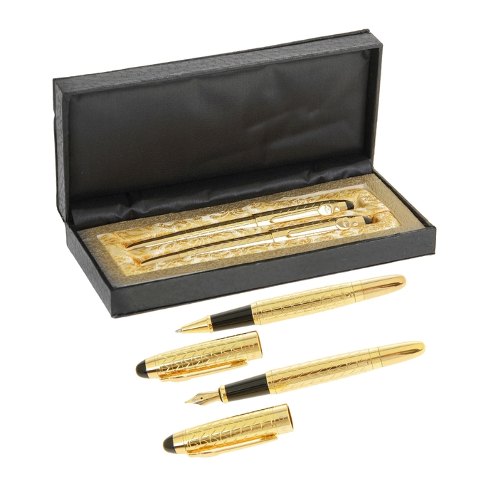 Ручки шариковые подарочные 2шт в кожзам футляре Gold (перо+капиллярные)