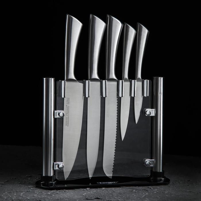 набор ножей кухонных на подставке доляна металлик 7 предметов 5 ножей мусат и ножницы цвет серебристый Набор ножей на подставке Lightning, 5 предметов, цвет серебристый