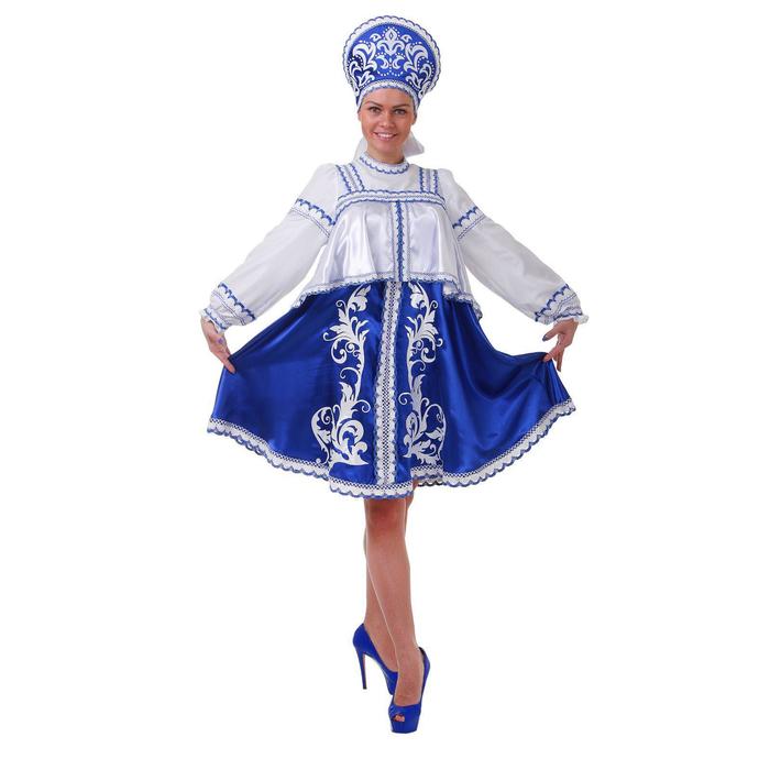 фото Русский костюм: платье с отлетной кокеткой, кокошник, помпоны, р.48 рост 172 страна карнавалия