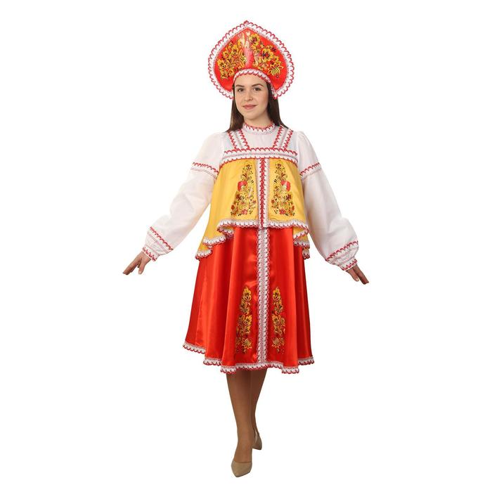 фото Русский костюм: платье с отлетной кокеткой, кокошник, красно-желтый, р.44 рост 170 страна карнавалия