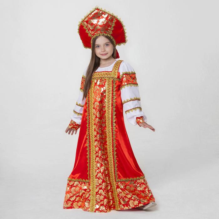 фото Русский костюм "любавушка" платье-сарафан, кокошник, помпоны, р.34 рост 140 страна карнавалия