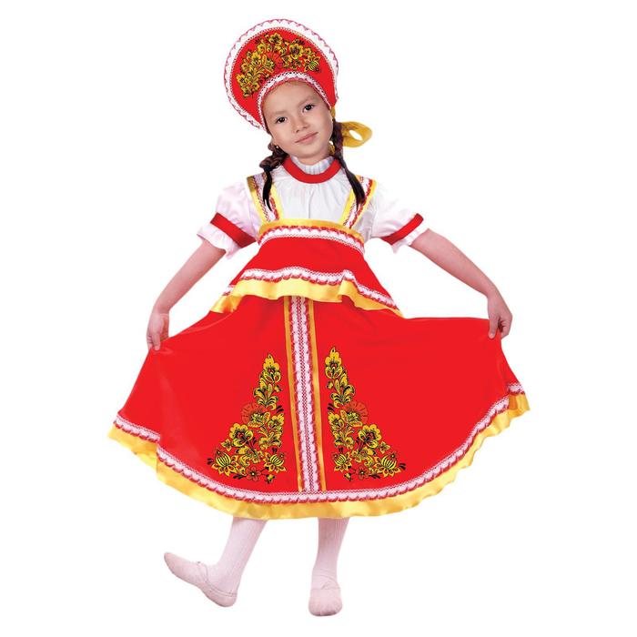 фото Русский костюм "хохлома цветы" платье-сарафан, кокошник, помпоны, р.30 рост 110-116 страна карнавалия