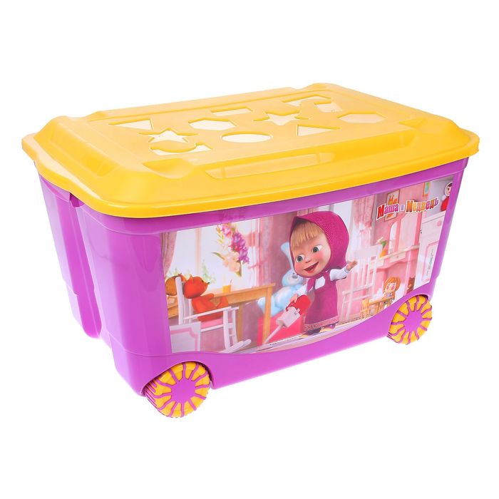 Ящик для игрушек с аппликацией "Маша и Медведь" на колёсиках, с крышкой, 50 л, цвет сиреневый, МИКС