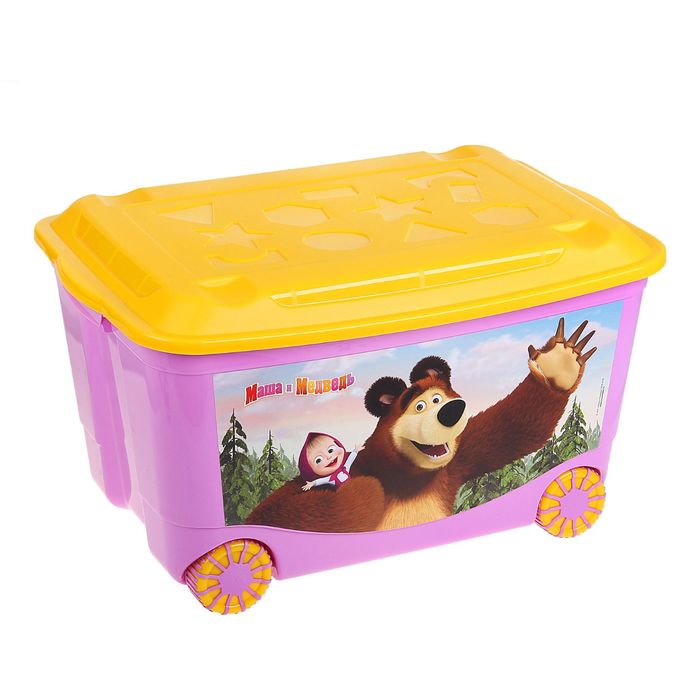 Ящик для игрушек с аппликацией "Маша и Медведь" на колёсиках, с крышкой, 50 л, цвет сиреневый, МИКС