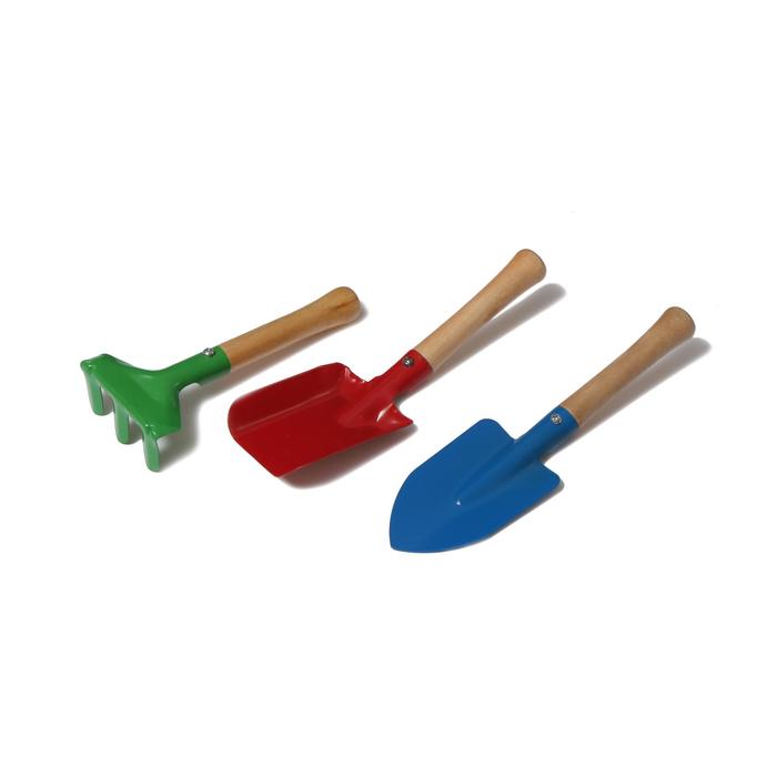 фото Набор садового инструмента, 3 предмета: грабли, совок, лопатка, длина 20 см, деревянная ручка greengo