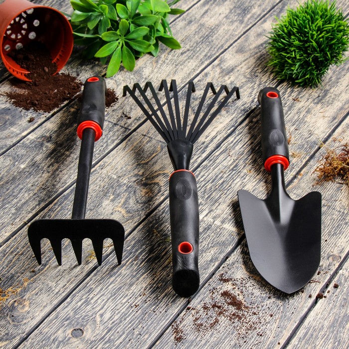 Набор садового инструмента, 3 предмета: грабли веерные, совок, грабли, длина 35 см, пластиковые ручки