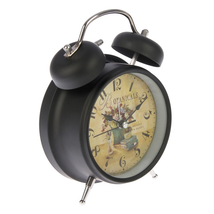 Будильник черный-ретро с подсветкой "На циферблате книги и цветы" 2 звоночка, микс