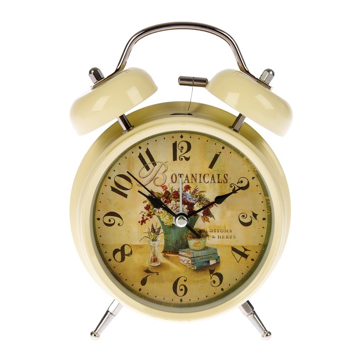 Будильник черный-ретро с подсветкой "На циферблате книги и цветы" 2 звоночка, микс
