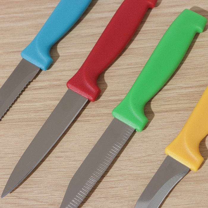 Набор кухонных ножей «Радуга», 4 предмета, лезвие 6,5 см, 8,5 см, 9,5 см, 11,5 см, на подставке, цвет МИКС