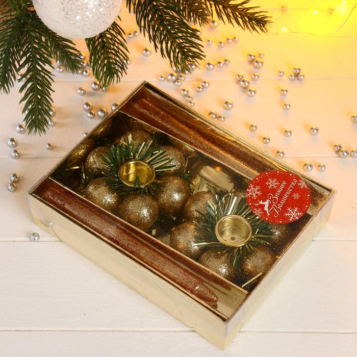 фото Свеча новогодняя с подсвечником "шарики" (набор 2 шт) 15 см зимнее волшебство