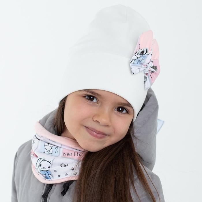 Комплект (шапка,снуд) для девочки, цвет молочный/принт кролики, размер 46-50