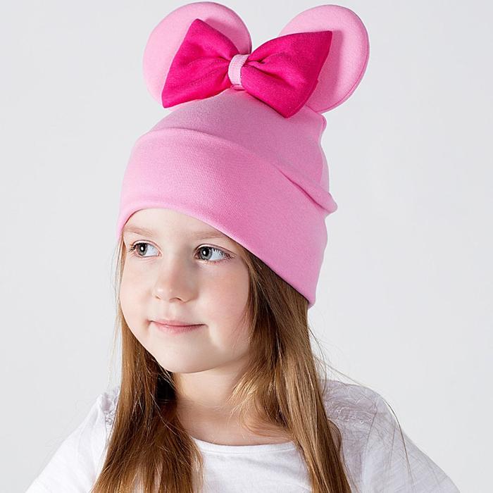 Шапочка для девочки «Мышка», цвет розовый/принт бант фуксия, размер 46-50