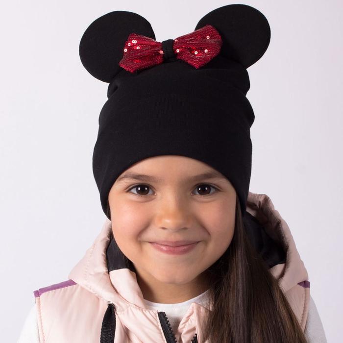 фото Двухслойная шапка «мышка», цвет чёрный/красный бант, размер 46-50 hoh loon