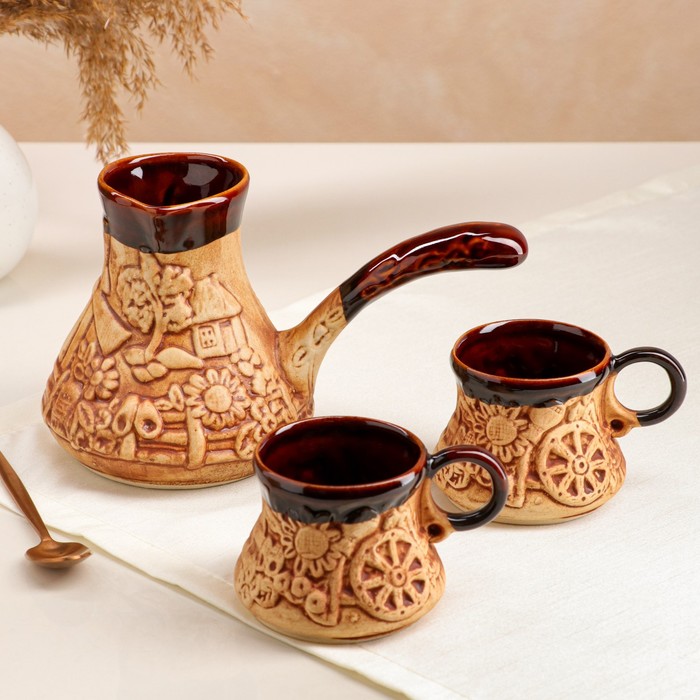 Набор кофейный с туркой, лепка, 3 предмета, 0,65 л, 0,2 л