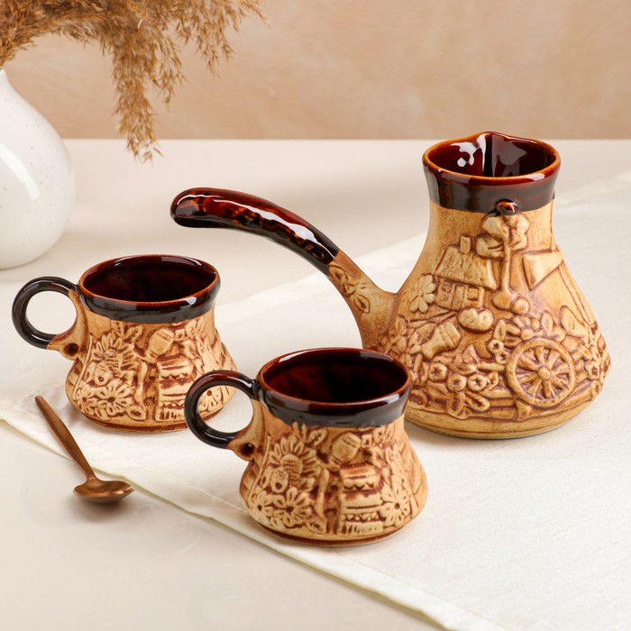 Набор кофейный с туркой, лепка, 3 предмета, 0,65 л, 0,2 л