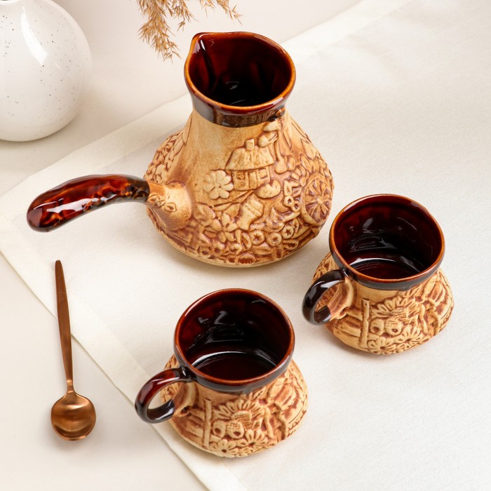 Набор кофейный с туркой, лепка, 3 предмета, 0,65 л, 0,2 л