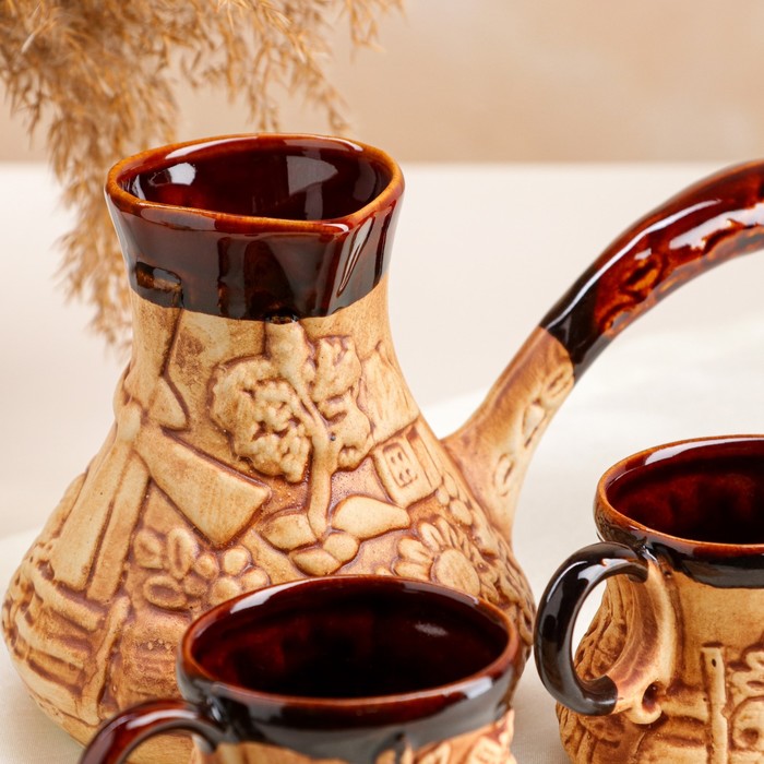 Набор кофейный с туркой, лепка, 3 предмета, 0,65 л, 0,2 л