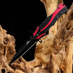 Нож складной полуавтоматический, черный, красная полоса, 21,5см, клинок 9,5см