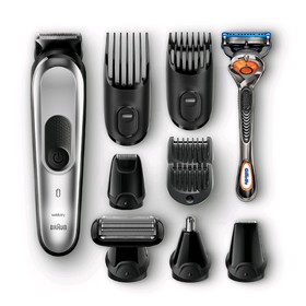 

Триммер Braun MGK7220, для бороды и усов, 8 насадок, от аккум., +бритва Gillette, серебр.