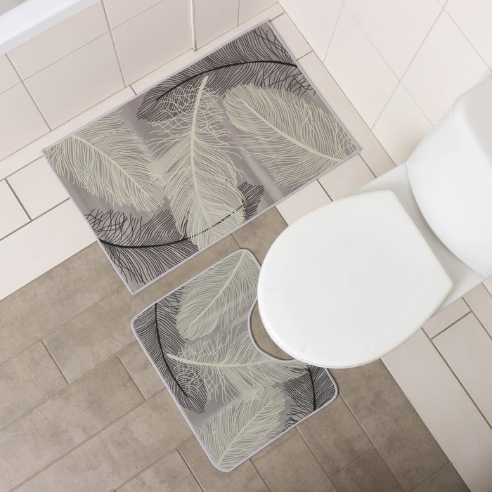 Набор ковриков для ванной и туалета Доляна «Пёрышки», 2 шт, 50×80 см, 40×50 см, цвет серый