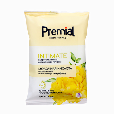 Влажные салфетки Premial, для интимной гигиены с молочной кислотой, 20 шт.